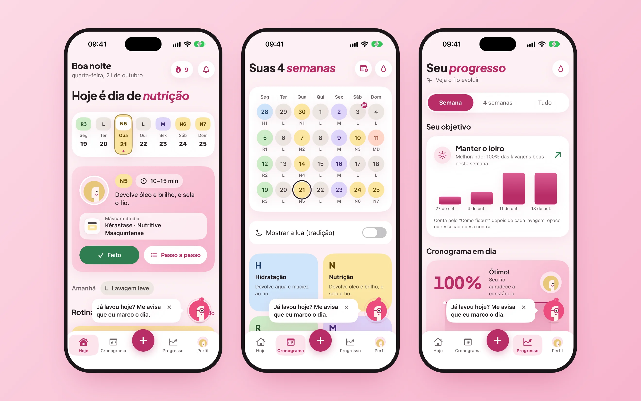 Telas Hoje, Cronograma e Progresso no iPhone