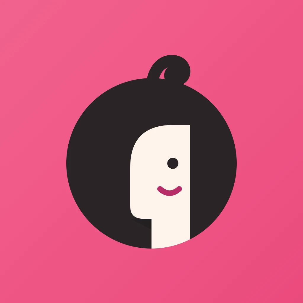 Ícone do app: cabeça grafite com rosto creme sobre degradê rosa