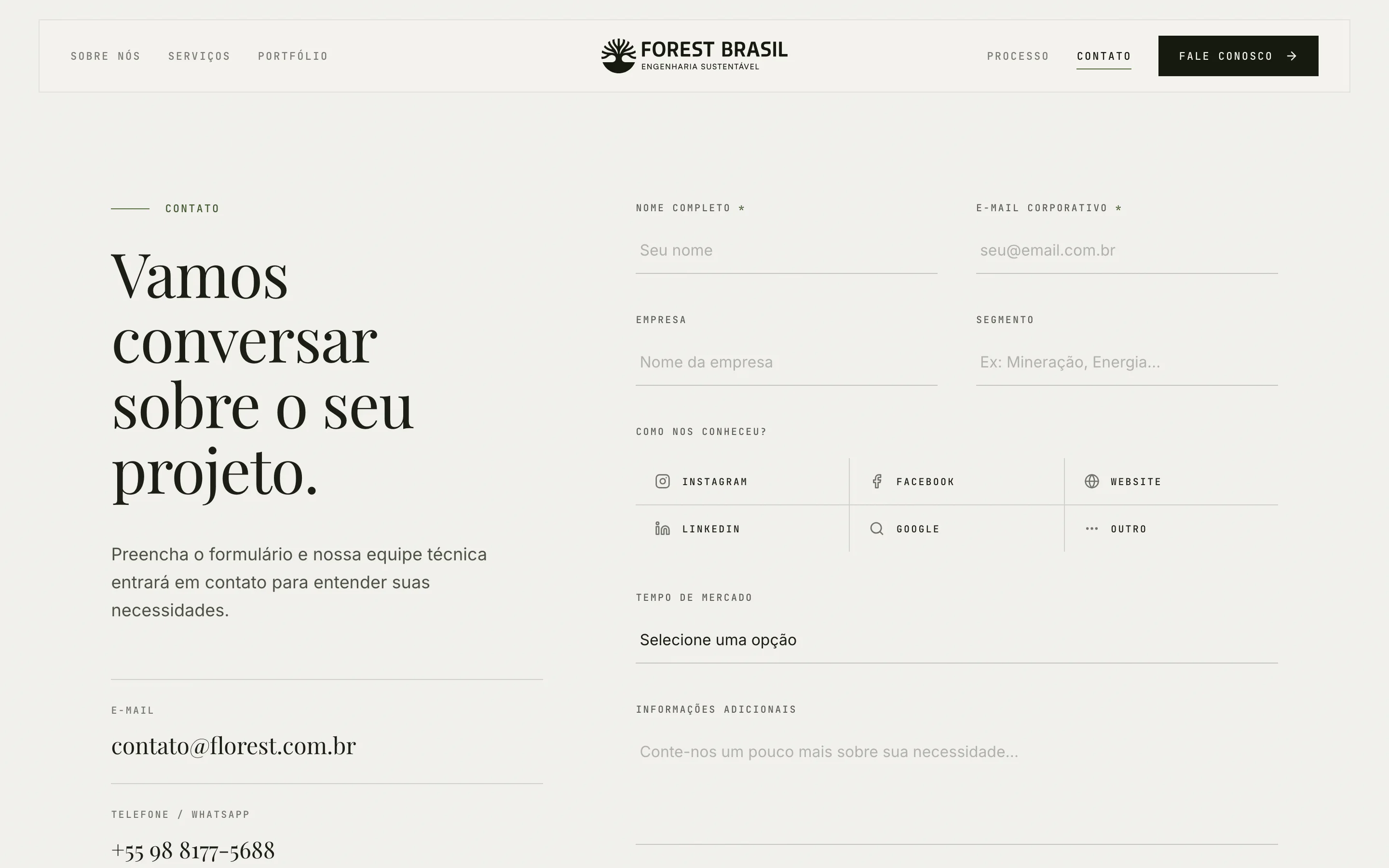 Página de contato da Forest Brasil