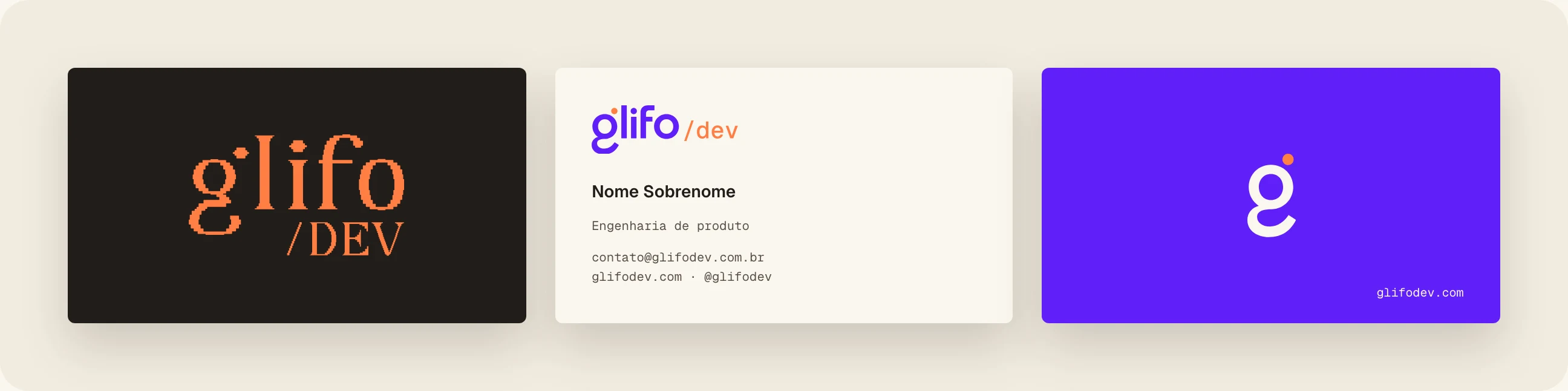 Cartões da glifo/dev: frente em tinta com o lockup, verso em papel com os dados em mono e versão violeta