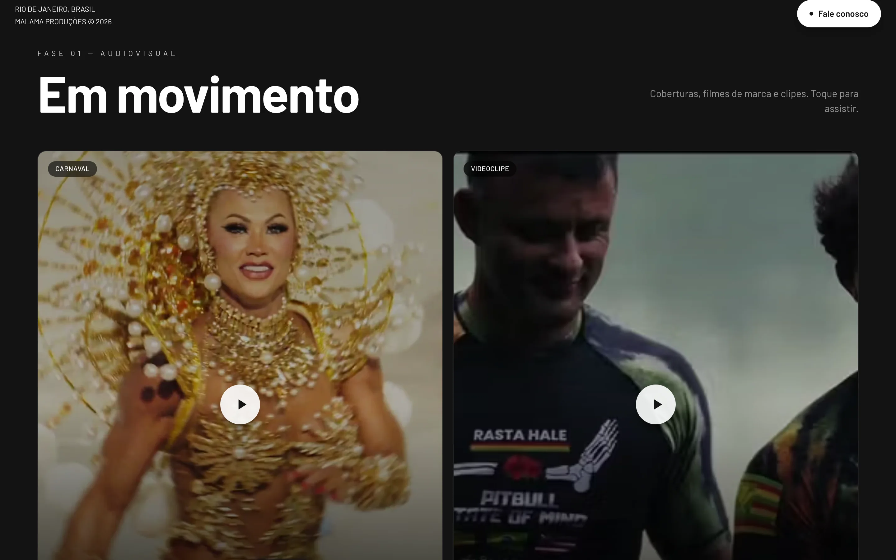 Galeria de filmes do portfólio, com reprodução em tela cheia