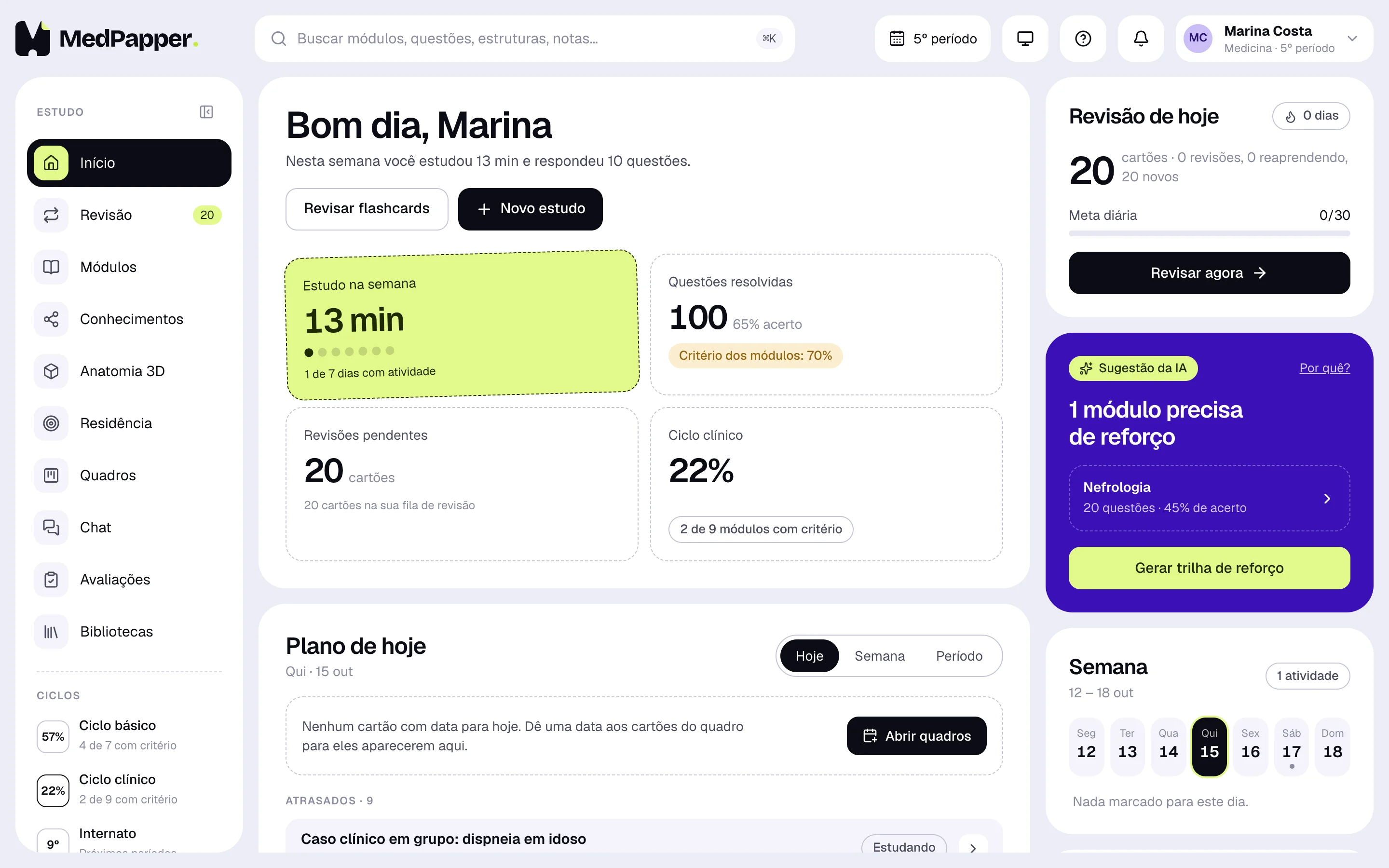 Painel do estudante com métricas, revisão de hoje e sugestão da IA