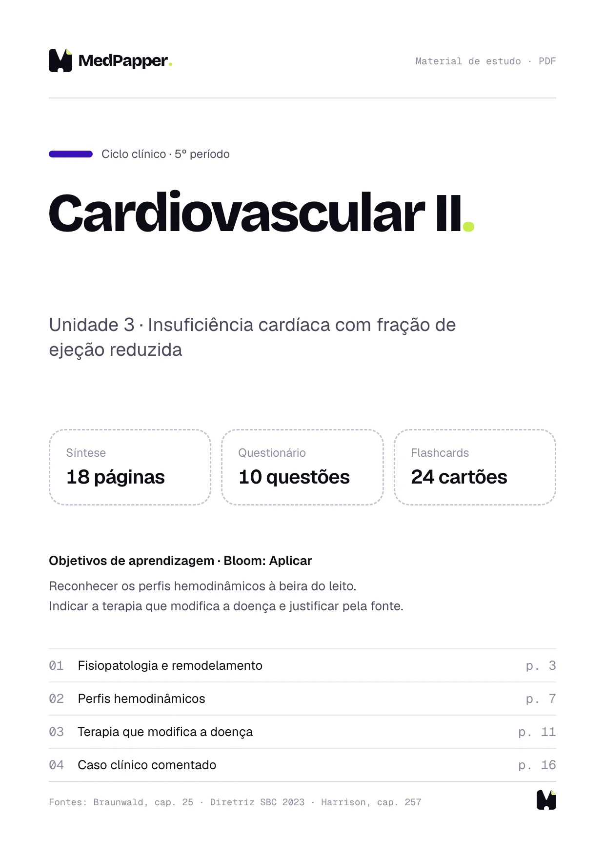 Capa de material de estudo em PDF: Cardiovascular II, com fontes no rodapé