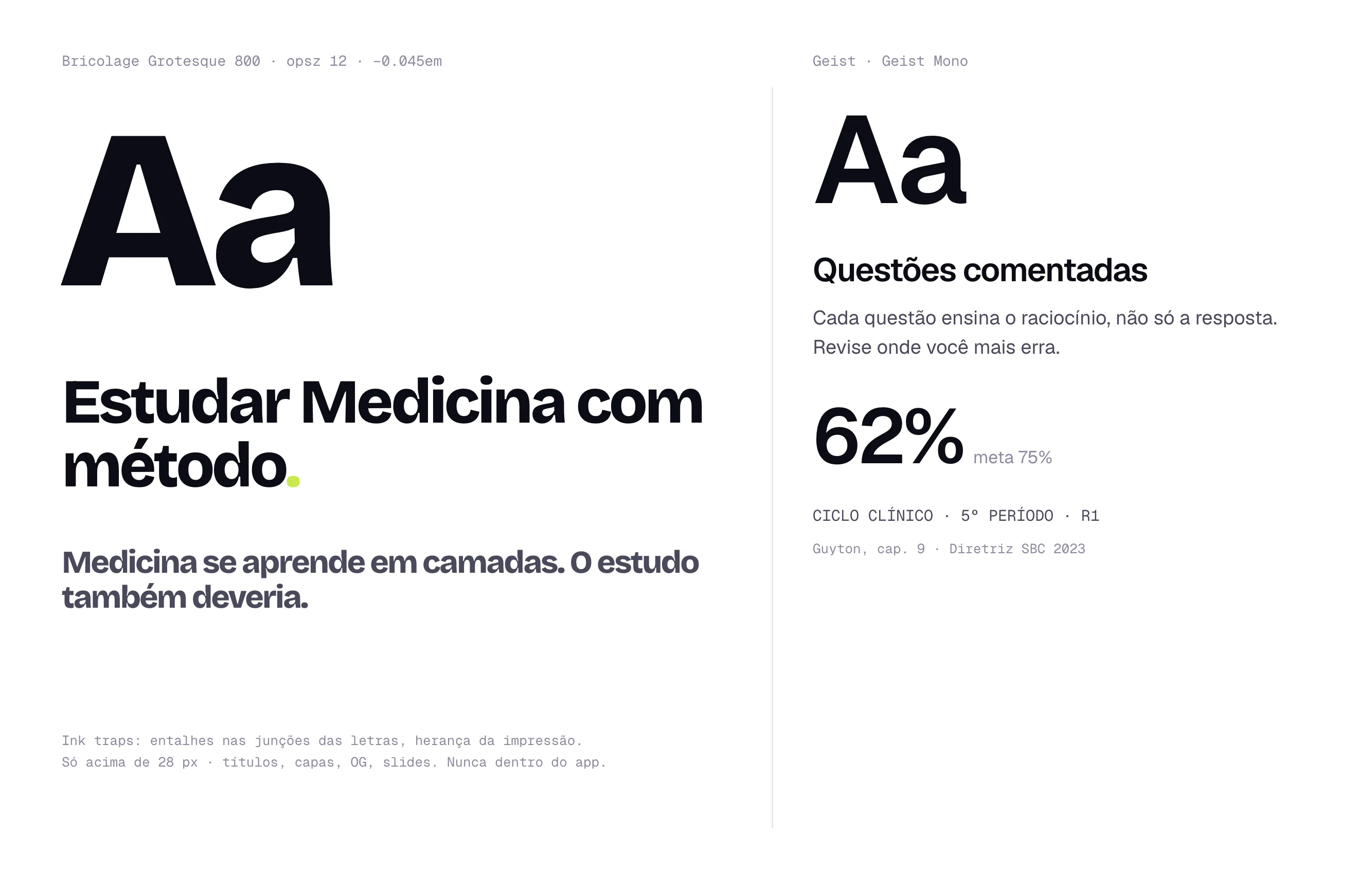 Espécime tipográfico: Bricolage Grotesque para a marca, Geist e Geist Mono para a interface
