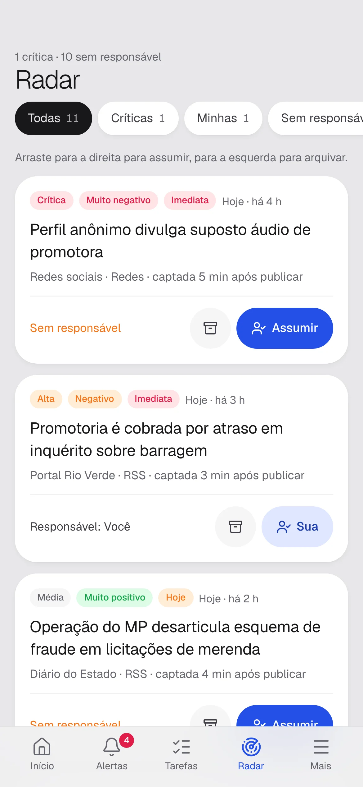 Radar do OPIAN no celular com cartões de notícias para triagem e botão Assumir