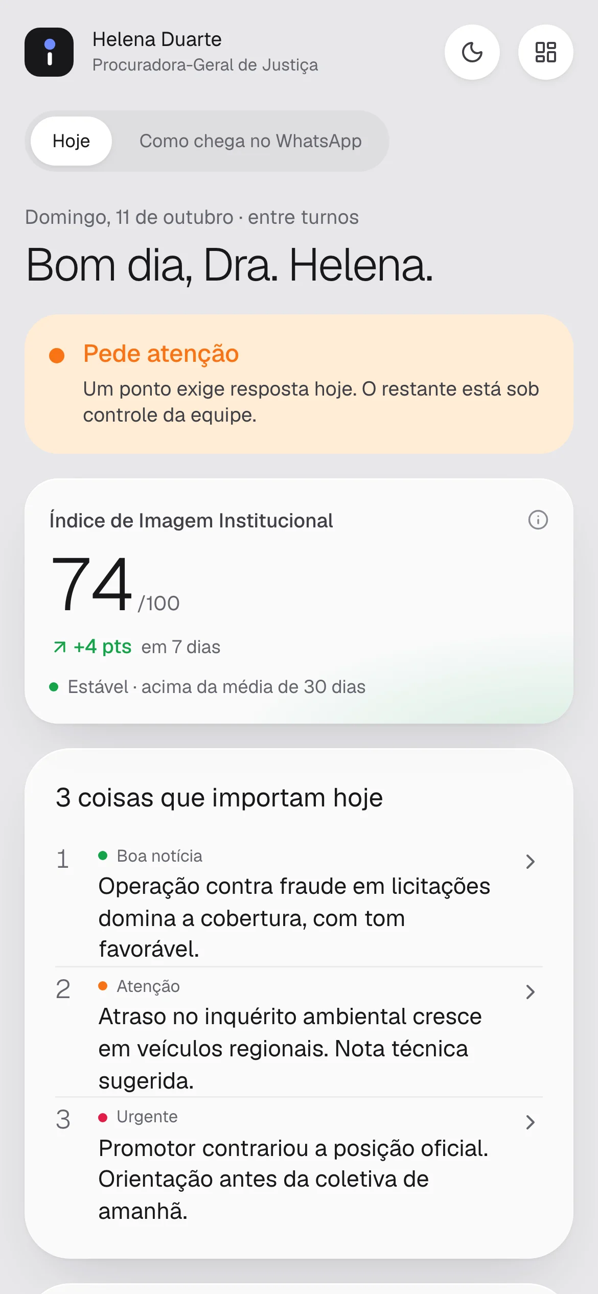 Resumo do OPIAN no celular para a autoridade, com índice de imagem 74 e três prioridades do dia