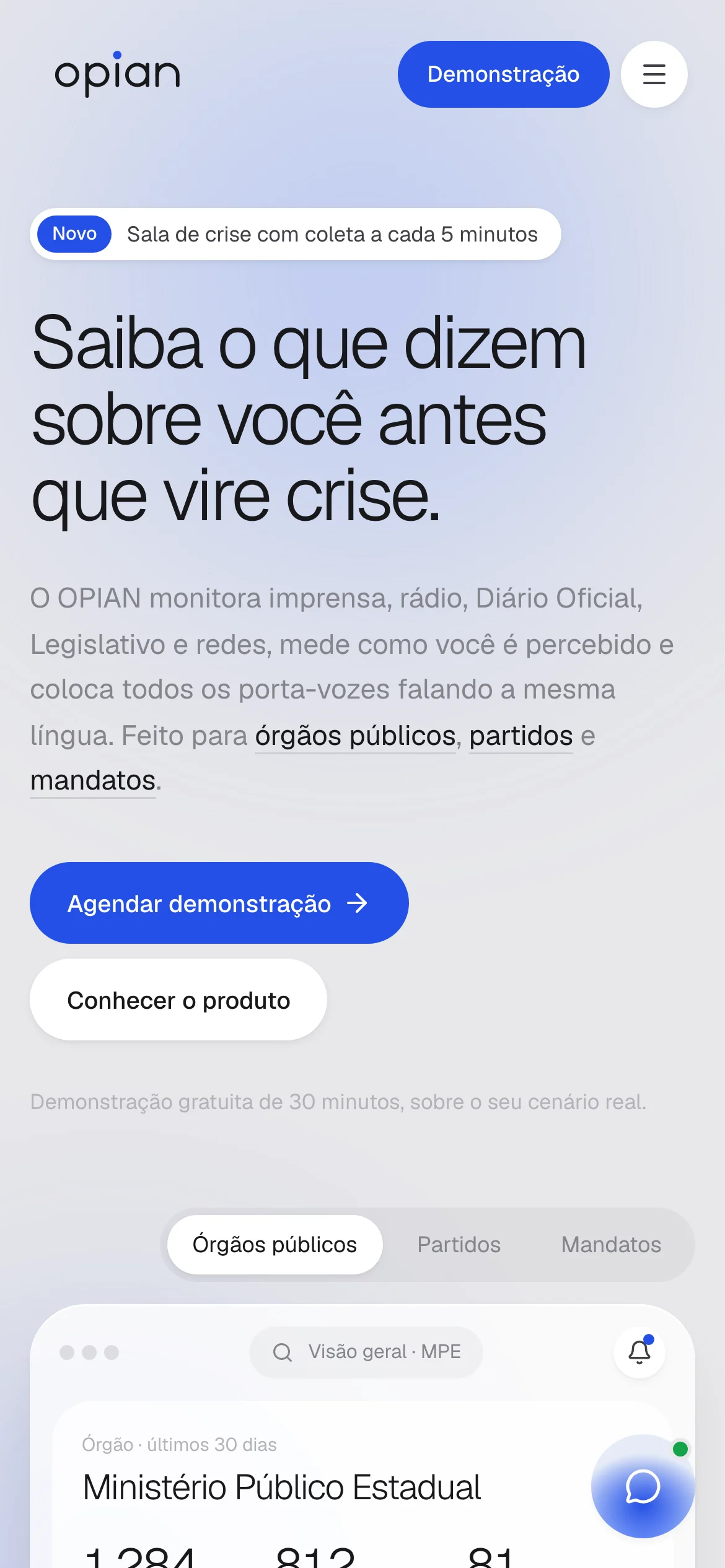 Abertura do site do OPIAN no celular, com título, botões de demonstração e prévia do painel