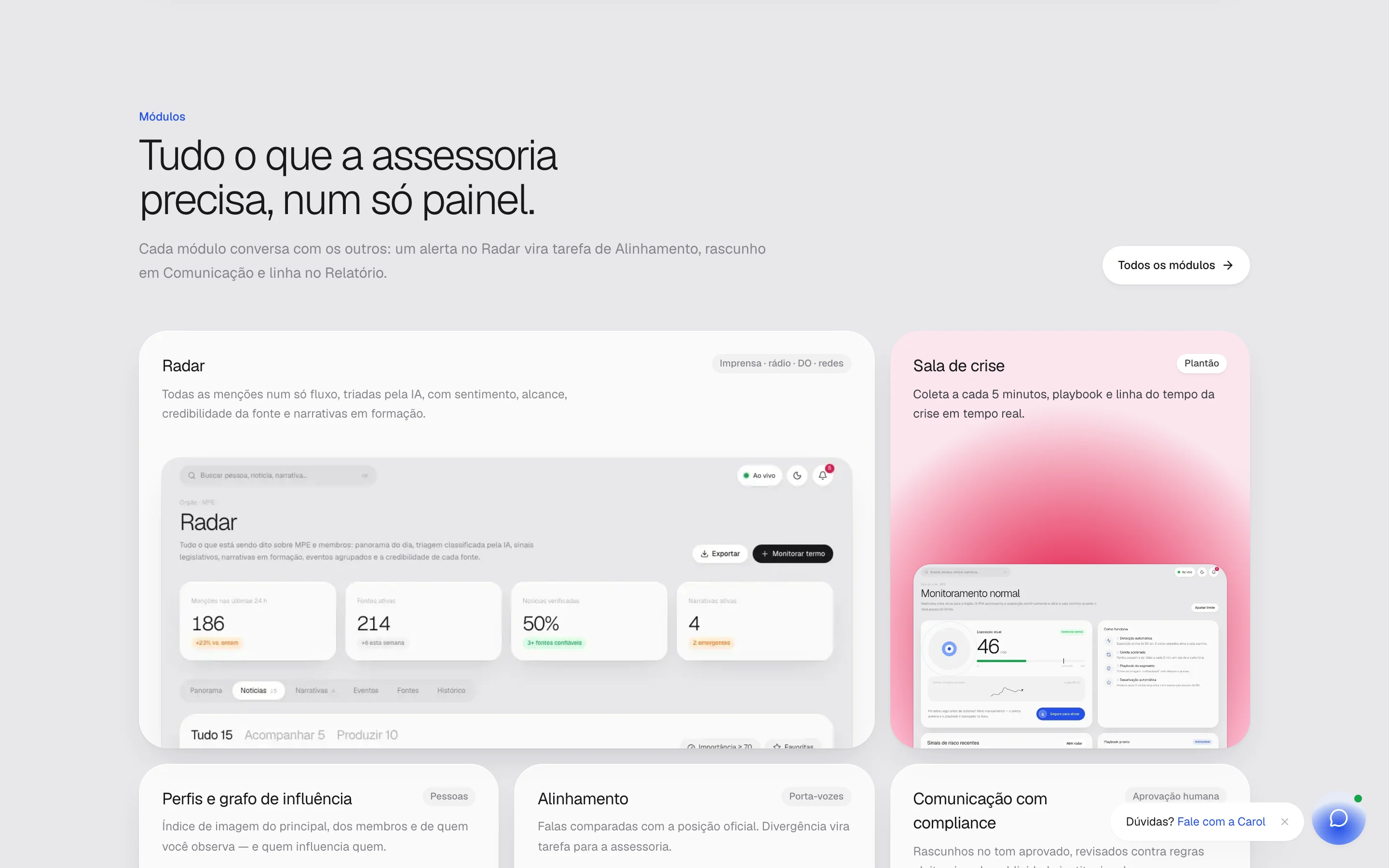 Seção de módulos do site do OPIAN em grade, com Radar, Sala de crise, perfis e alinhamento