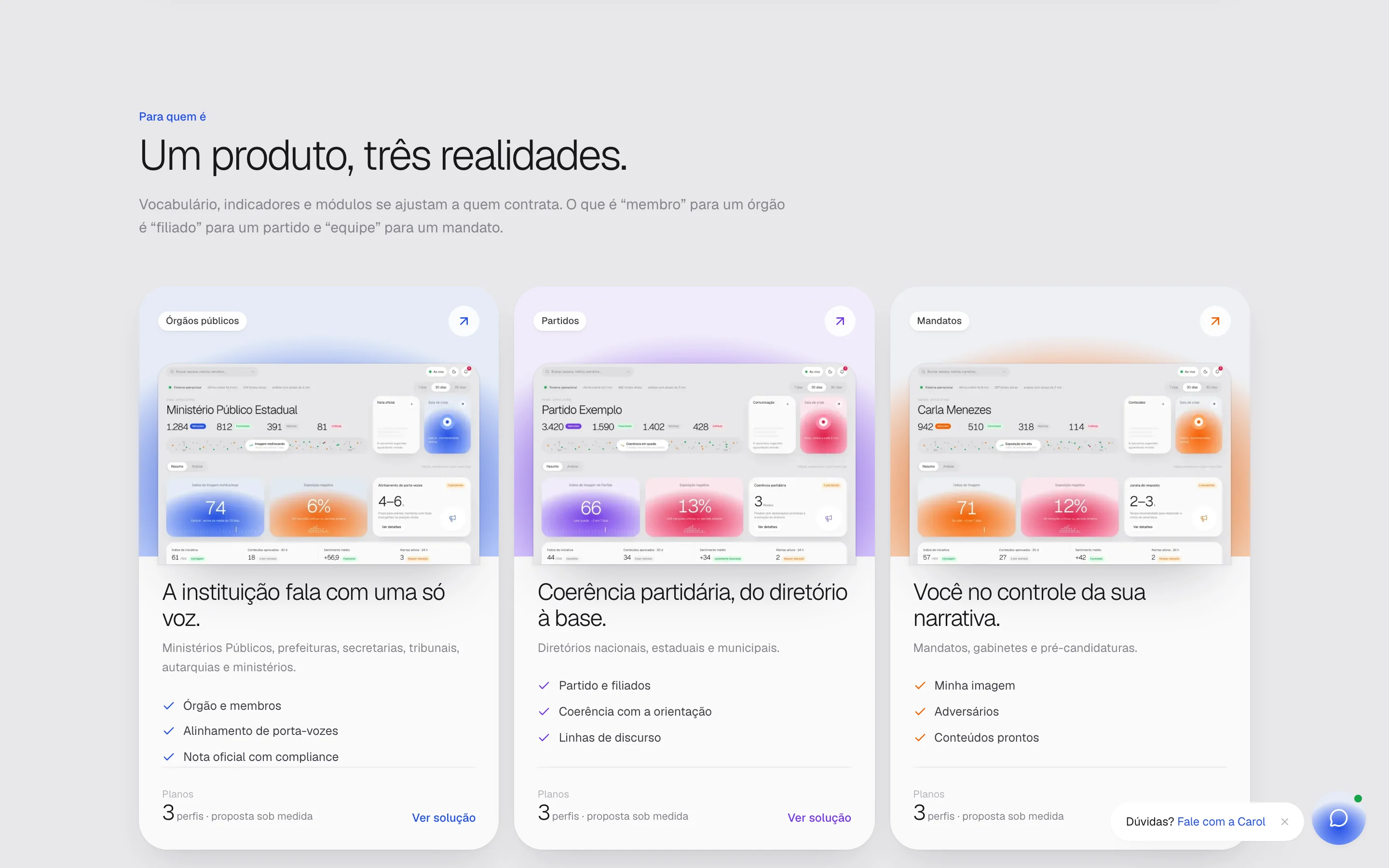 Seção do site do OPIAN com três cartões para órgãos públicos, partidos e mandatos