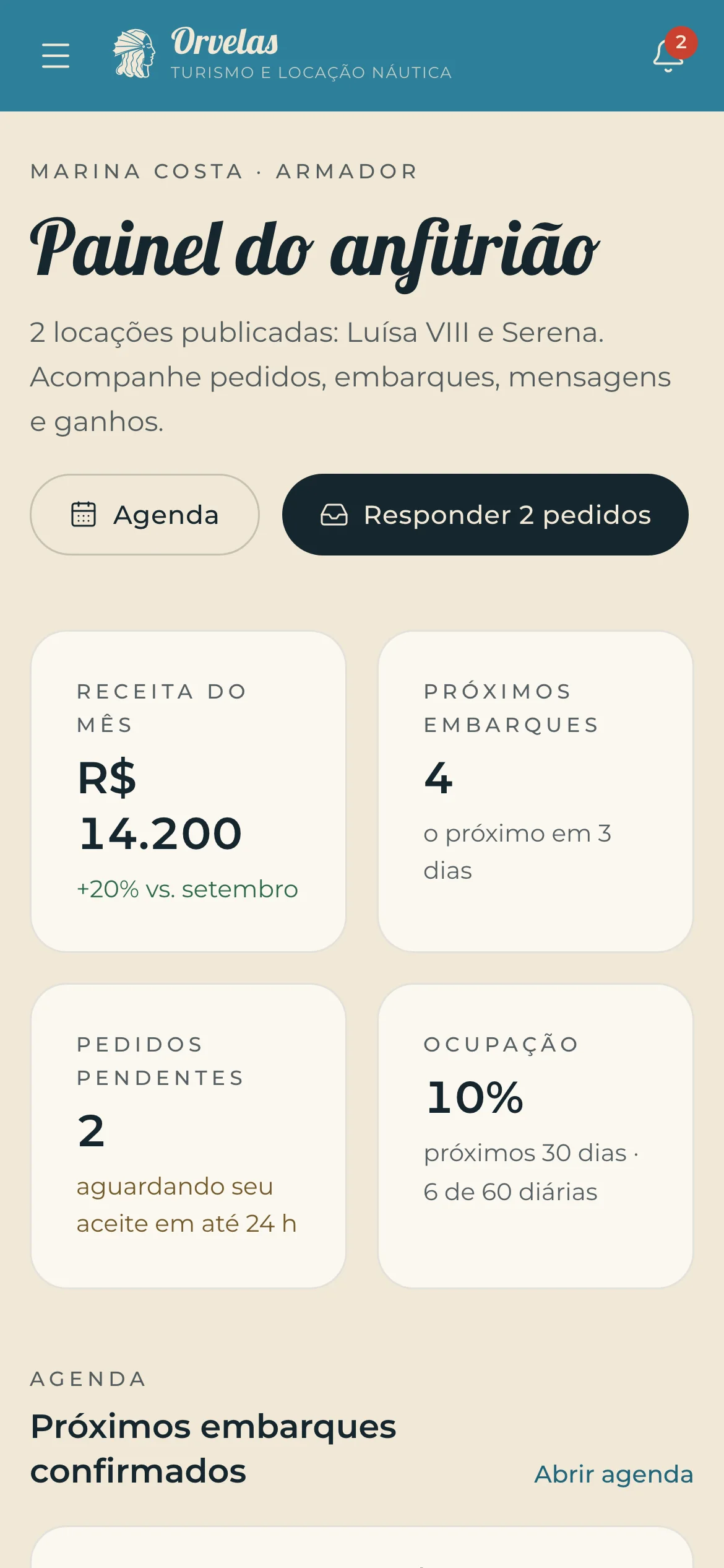 Painel do anfitrião no celular