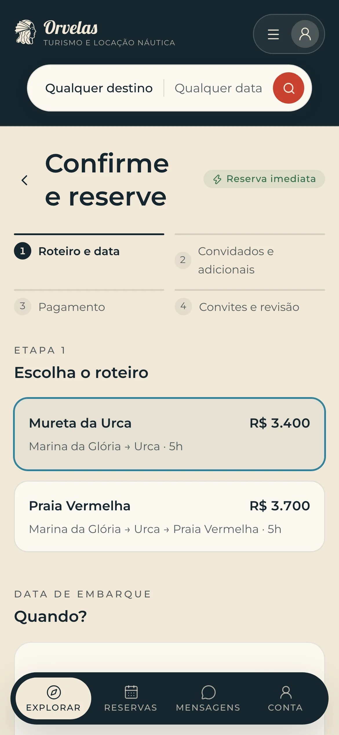 Passo um da reserva no celular: escolha do roteiro