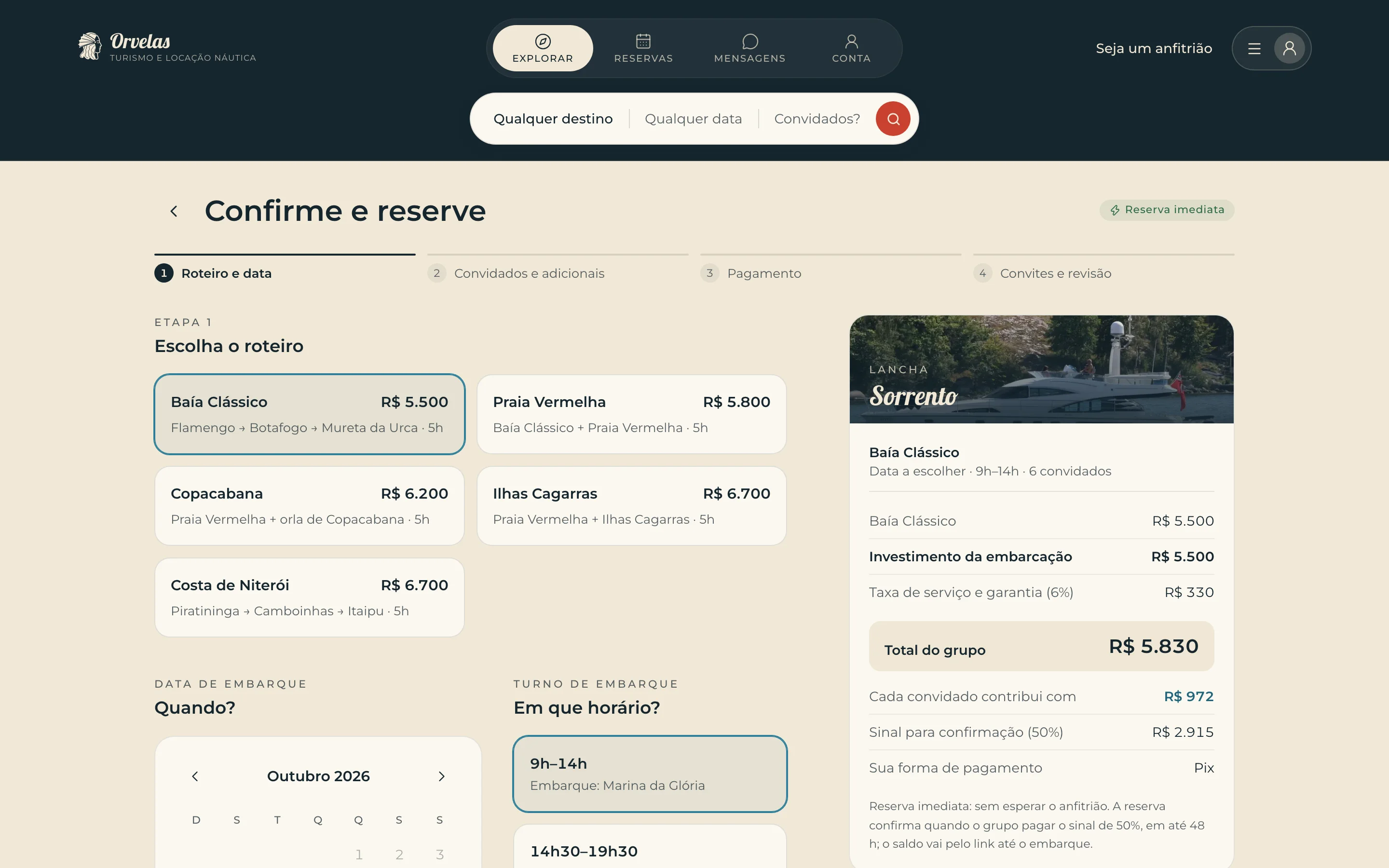 Reserva em quatro passos na Orvelas: roteiro e data, com o resumo do investimento e o sinal de 50%