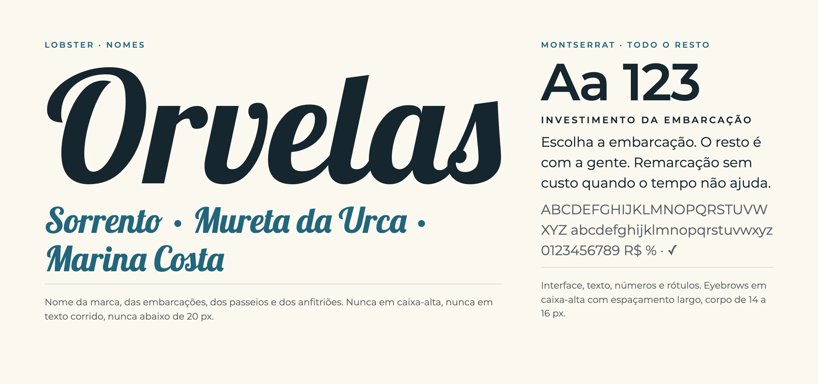 Espécime tipográfico Orvelas: Lobster para nomes e Montserrat para a interface