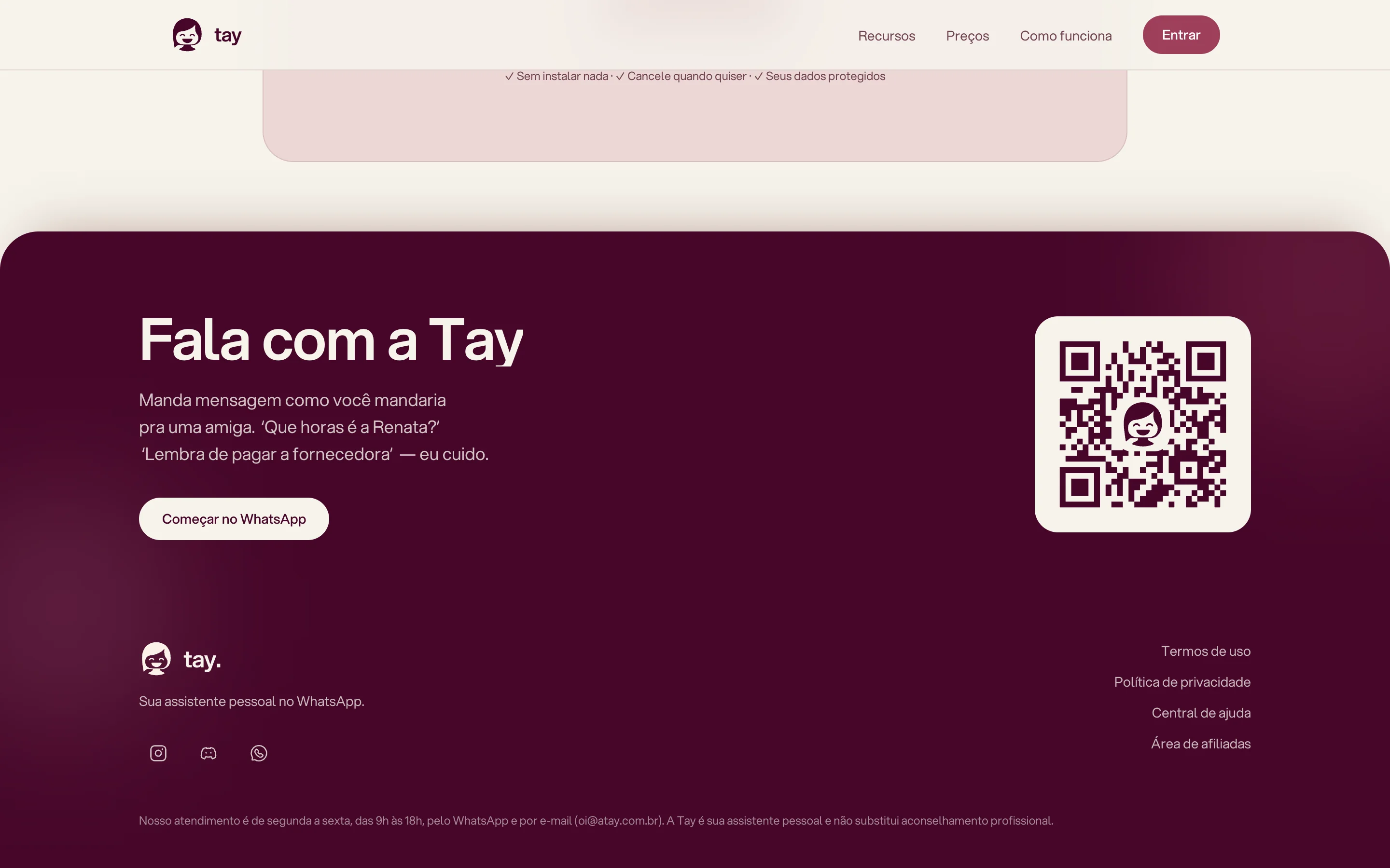 Fechamento em ameixa: Fala com a Tay, com QR code para o WhatsApp