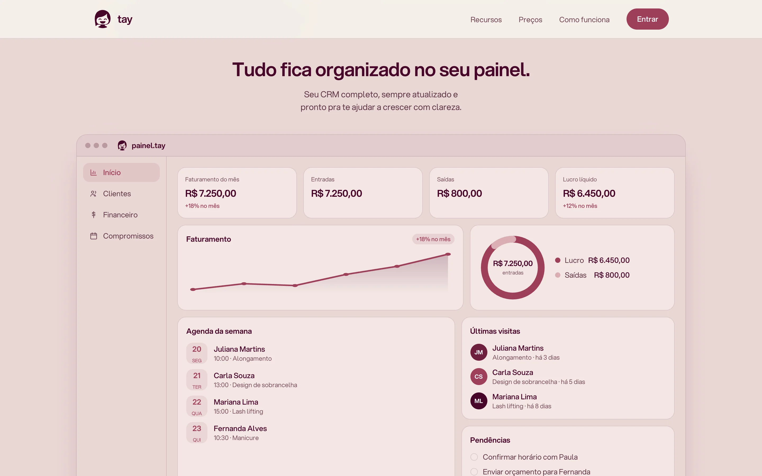 Seção Tudo fica organizado no seu painel, com faturamento, agenda da semana e últimas visitas