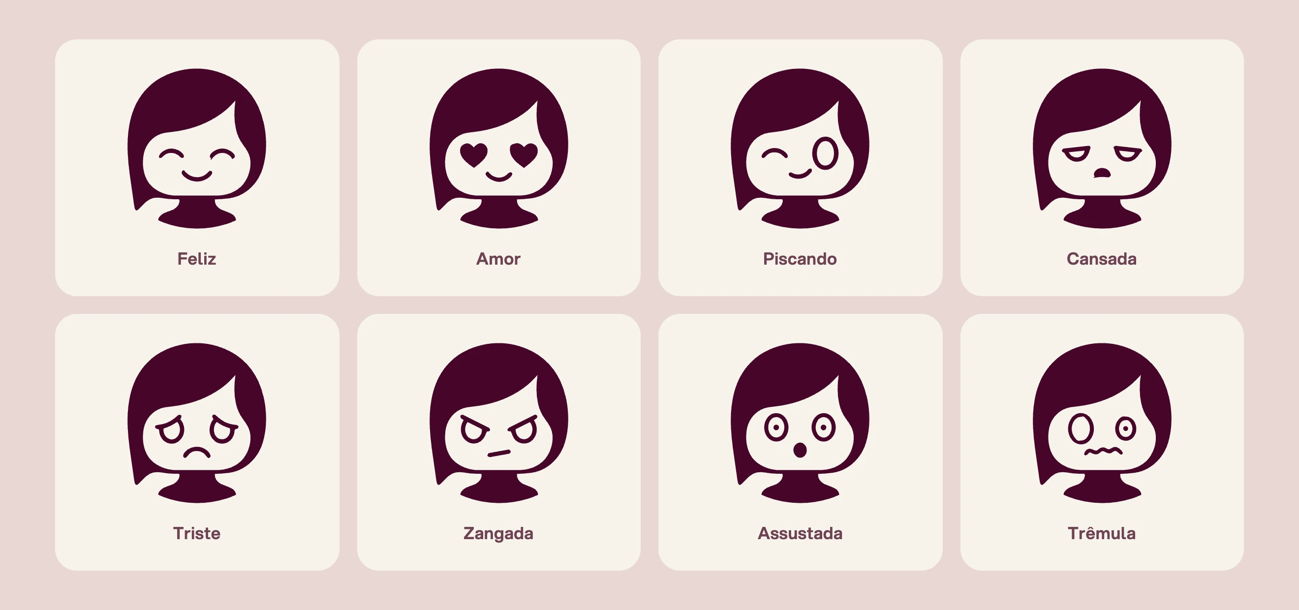 As oito expressões da Tay: feliz, amor, piscando, cansada, triste, zangada, assustada e trêmula