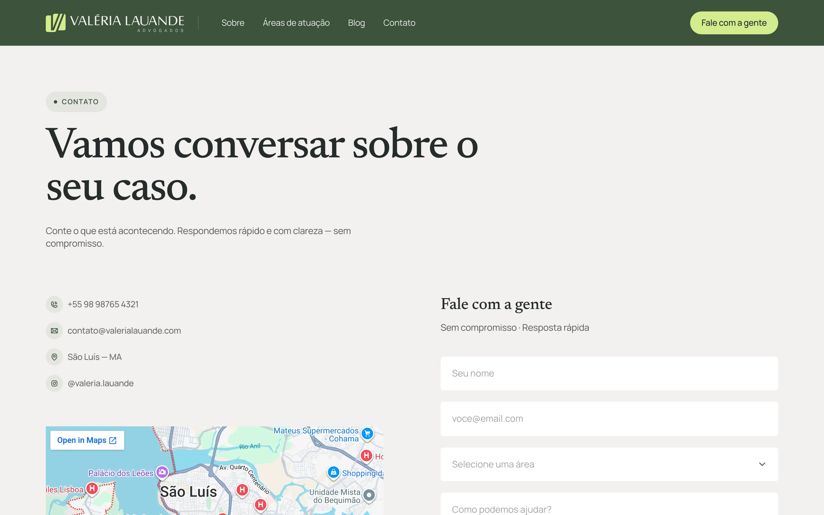Página de contato com mapa e formulário