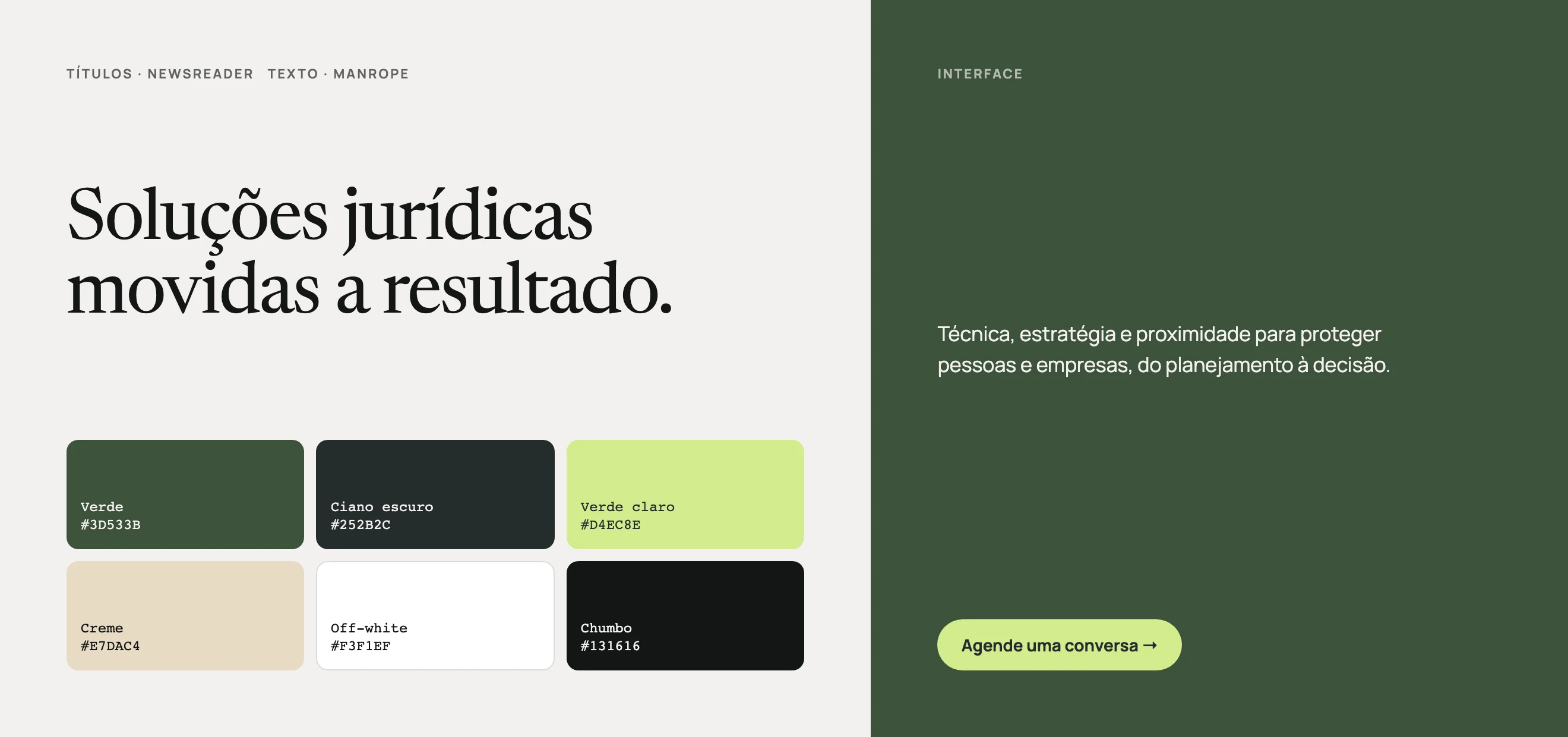 Sistema da interface Valéria Lauande: Newsreader, Manrope e a paleta do escritório