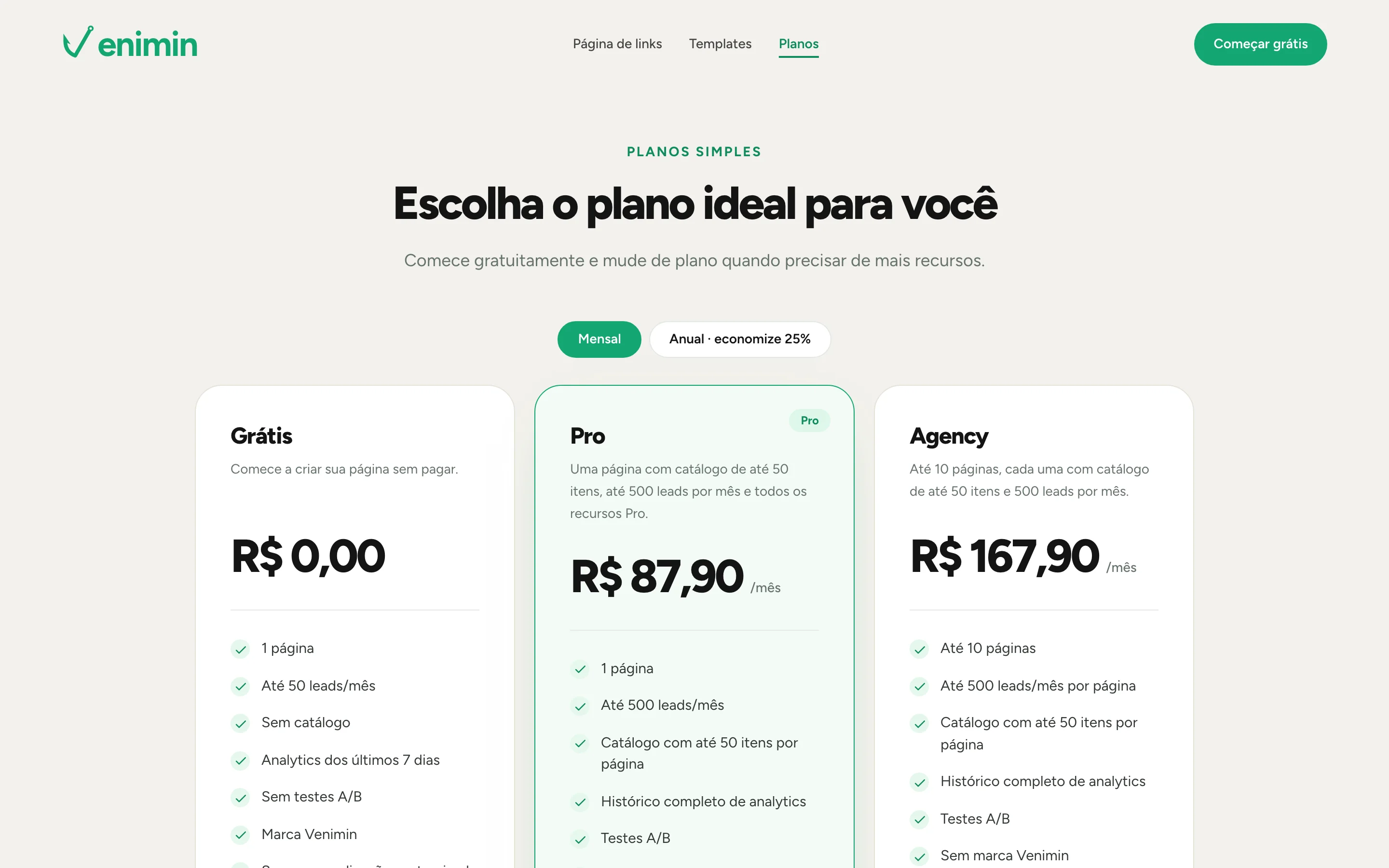 Planos Grátis, Pro e Agency