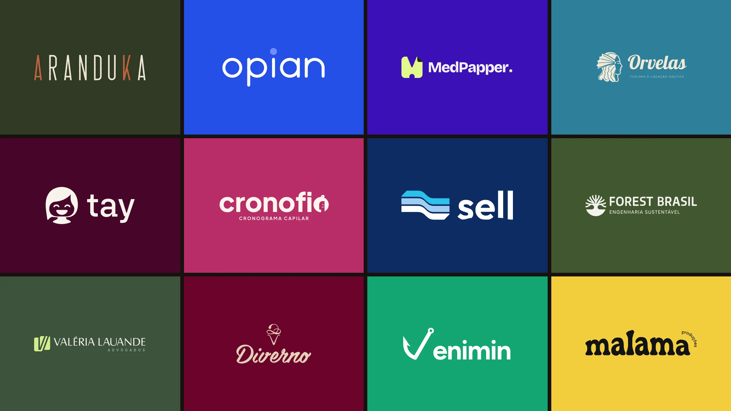 Doze marcas desenhadas pela Heffer, cada uma sobre a sua cor forte: Aranduka, OPIAN, MedPapper, Orvelas, Tay, Cronofio, SELL, Forest Brasil, Valéria Lauande, Diverno, Venimin e Malama