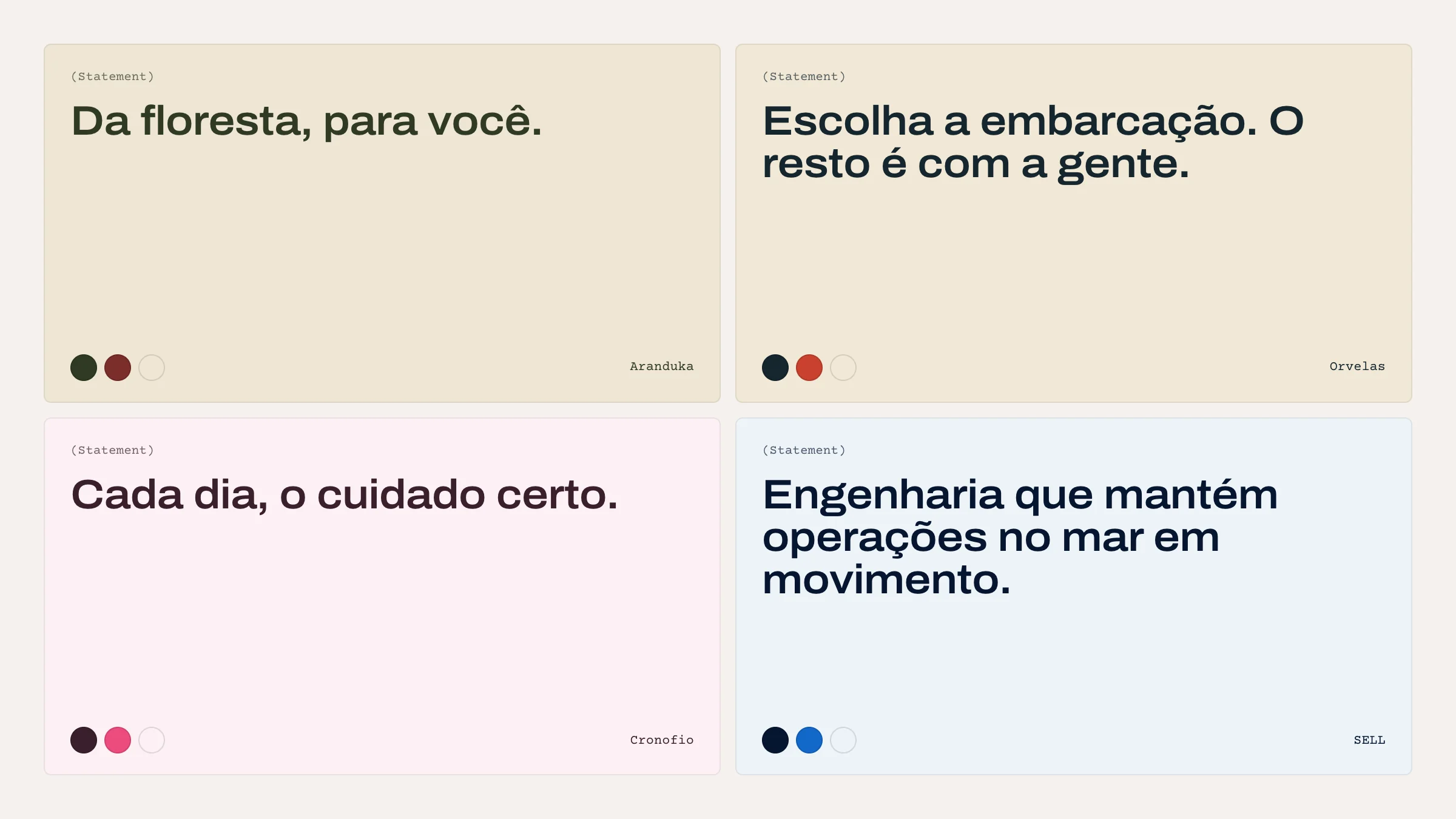 Frases de marca de quatro cases da Heffer, cada uma na cor de fundo e com as três cores da marca: Aranduka, Orvelas, Cronofio e SELL