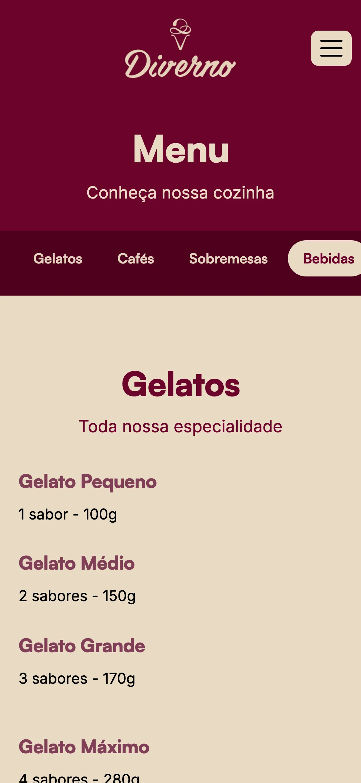 Cardápio no celular
