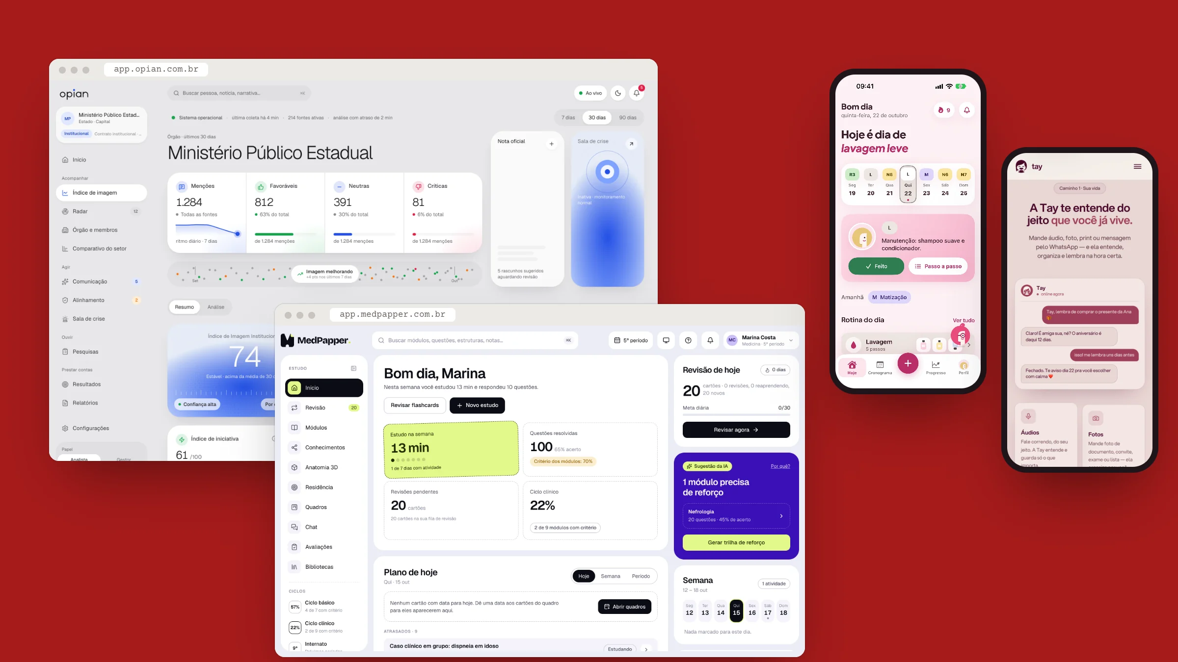 Telas de produtos do grupo Heffer: a plataforma da OPIAN, o painel da MedPapper e os apps do Cronofio e da Tay