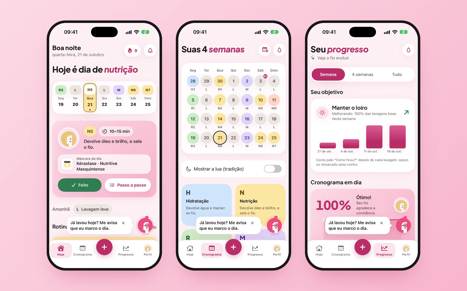Hoje, Cronograma e Progresso no simulador do iPhone, com o perfil de demonstração