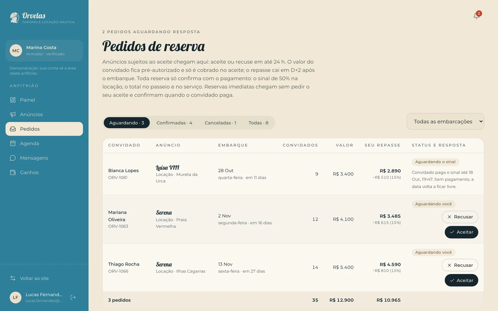 Pedidos para aceitar ou recusar