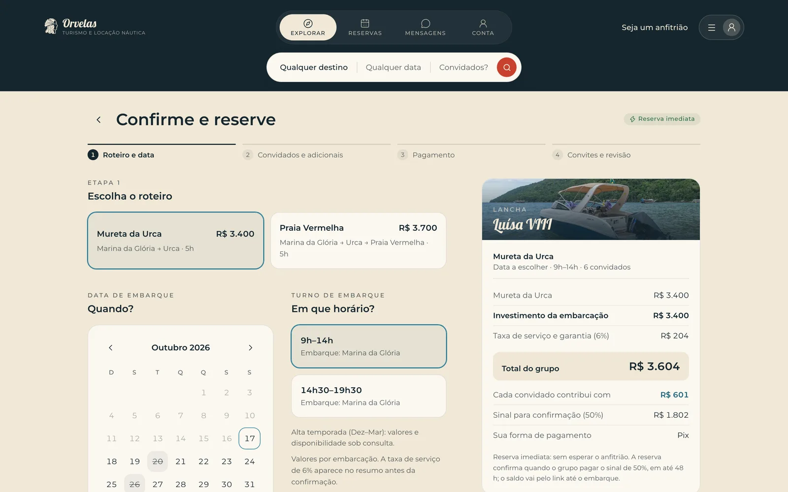 Reserva em etapas, com investimento e taxas