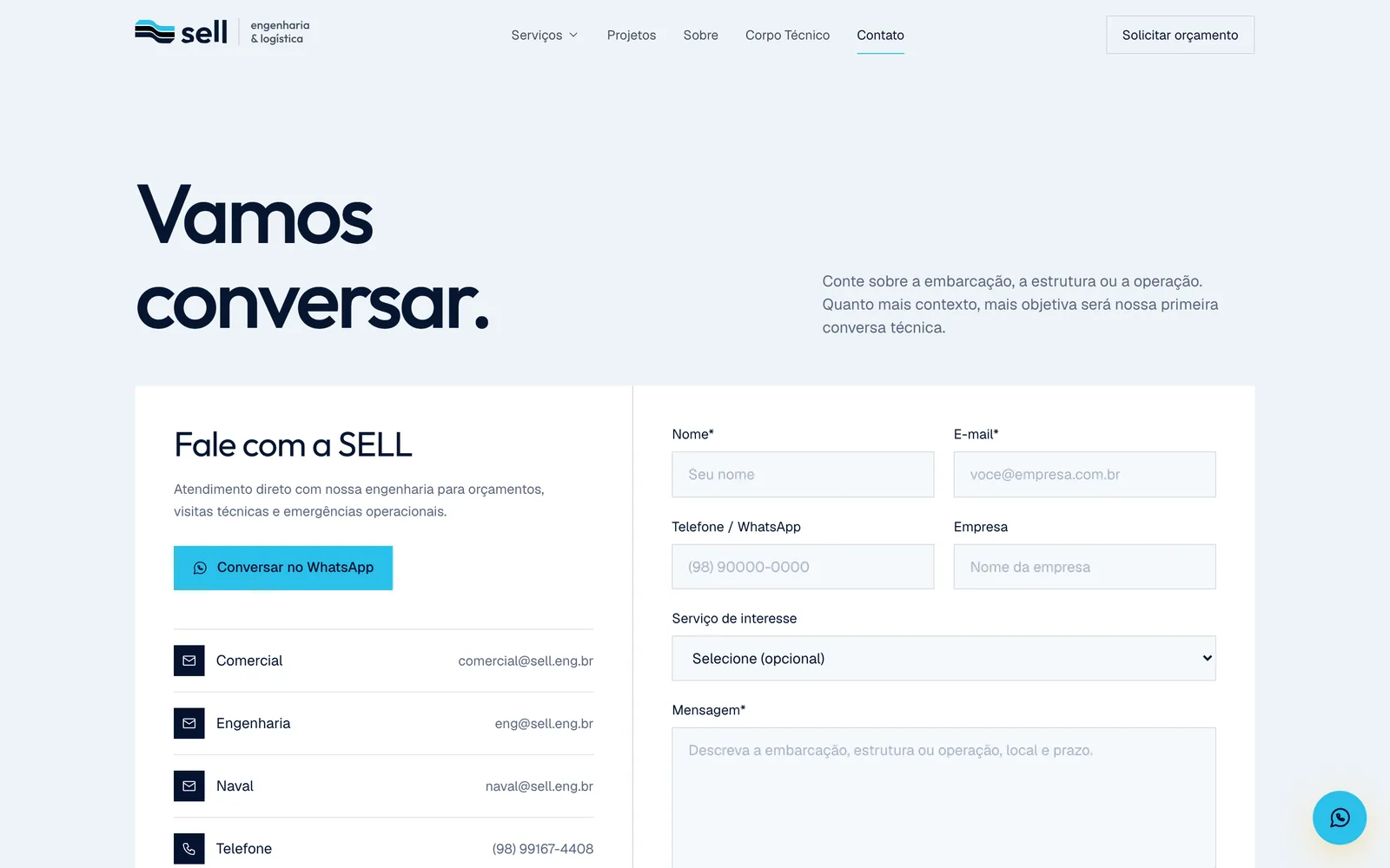 Contato com formulário e atendimento por WhatsApp