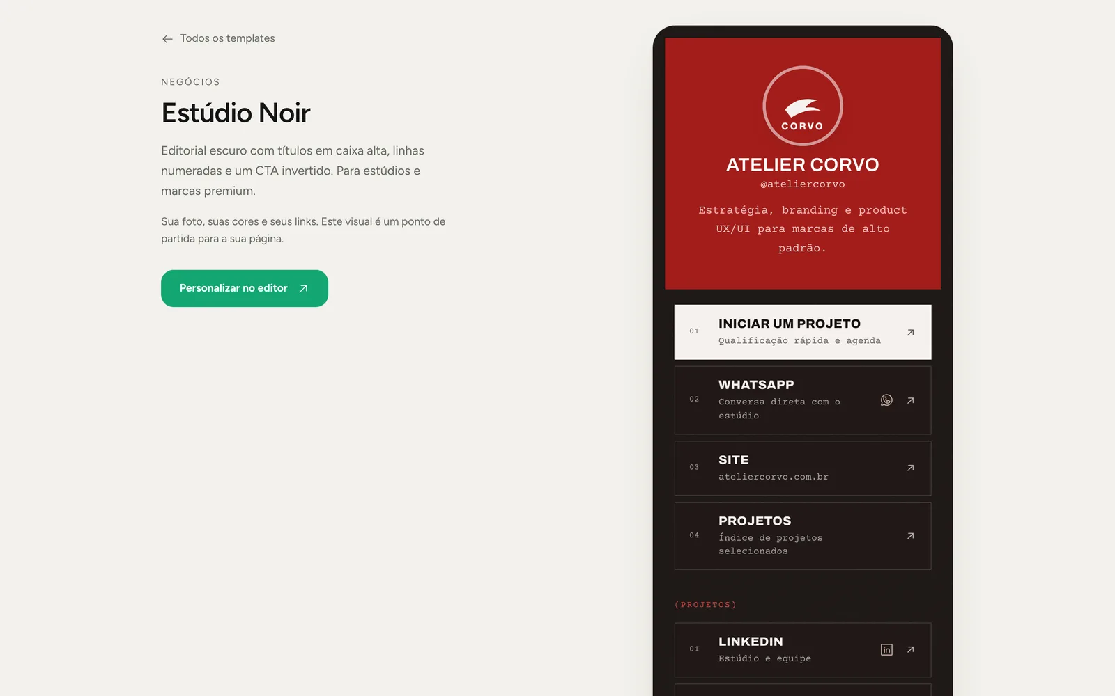 Prévia de um template no estilo editorial