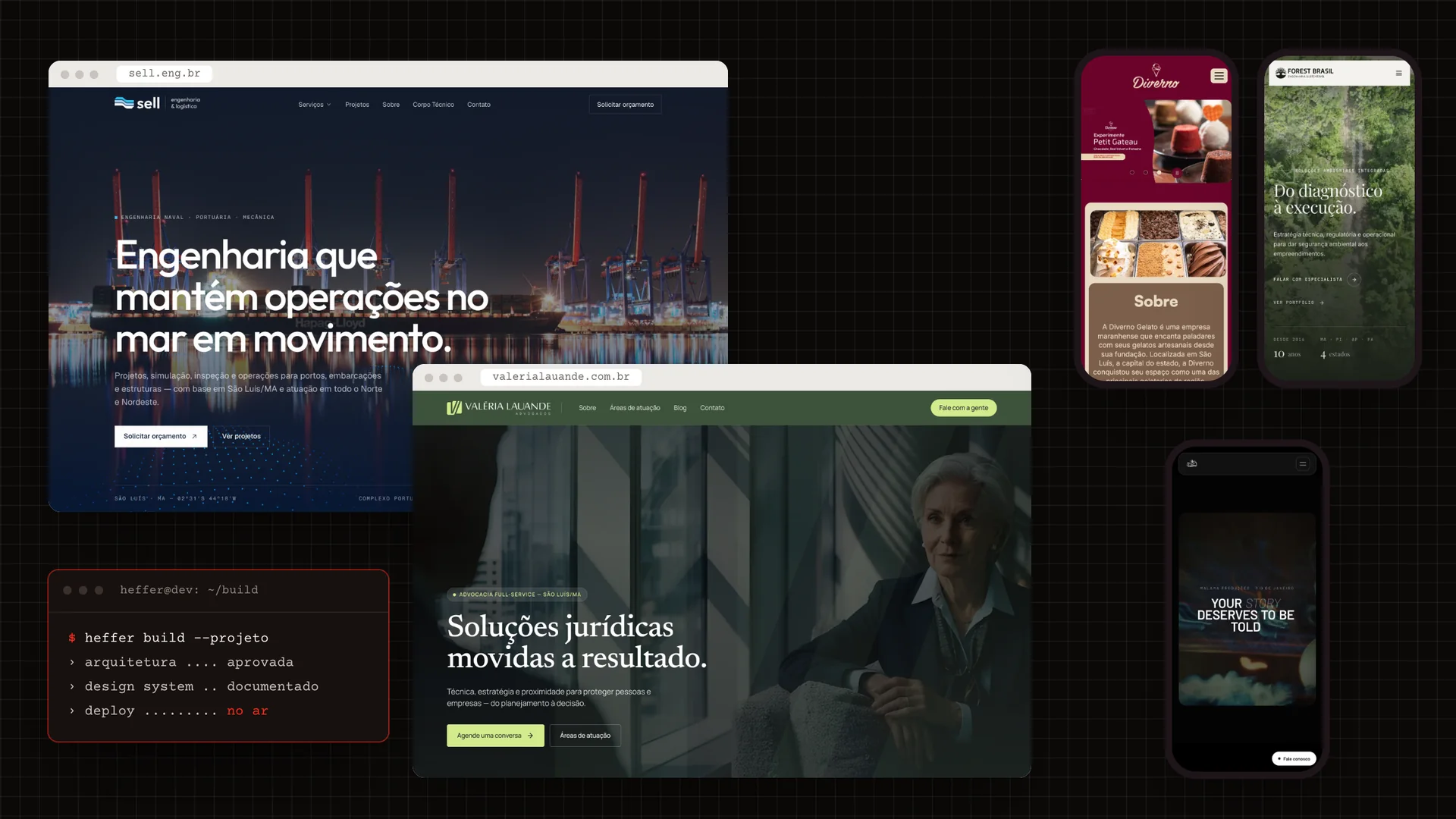 Sites da SELL e da Valéria Lauande, as versões de celular da Diverno, da Forest Brasil e da Malama e um terminal de build